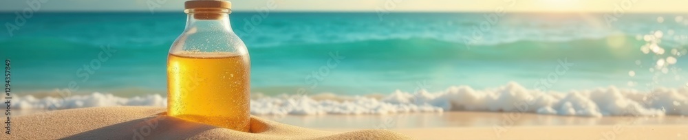 Frosted bottle, condensation, golden sand, azure sea, refreshing, escape, bottle Frosted bottle, condensation, golden sand, azure sea, refreshing, escape, bottle