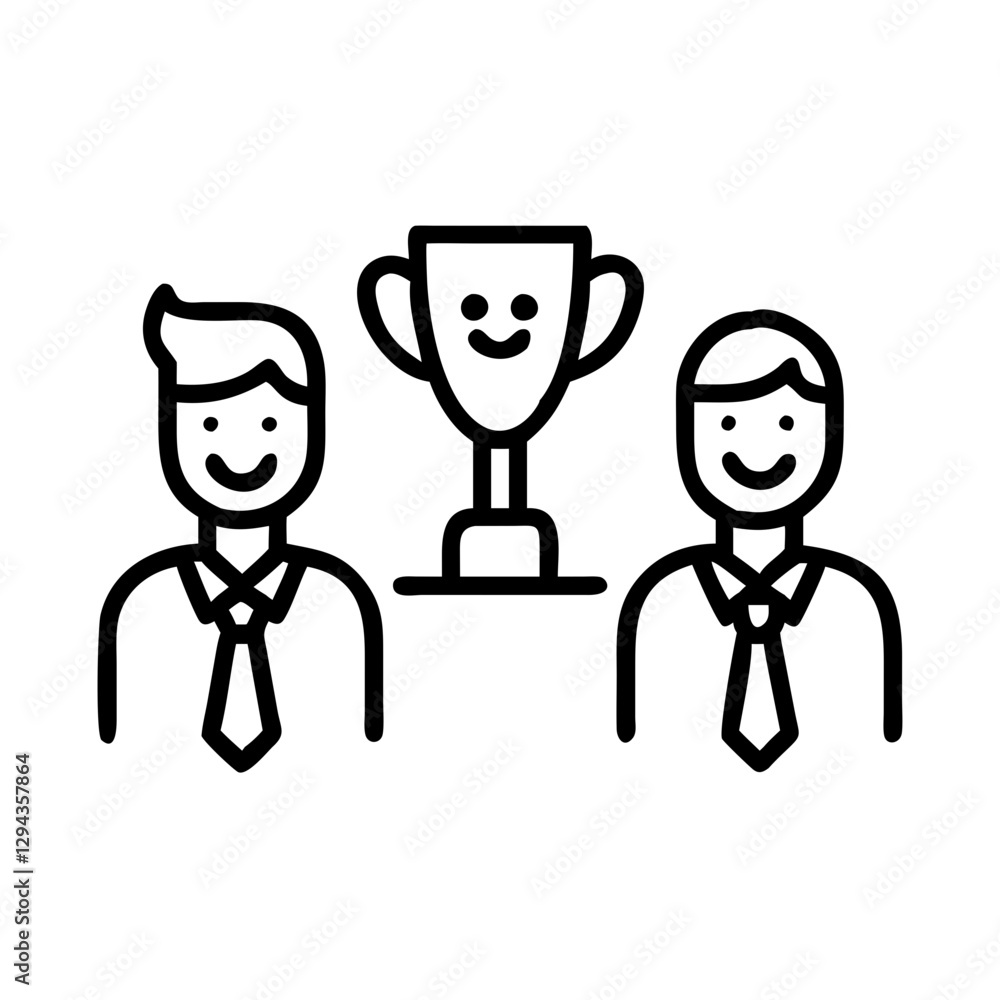 Smiling business team with trophy icon in black outline style Smiling business team with trophy icon in black outline style