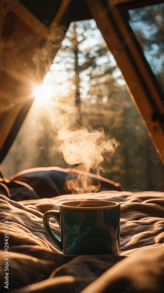 Steaming mug of coffee on a bed in an A-frame van at sunrise with sunlight streaming through the windows Steaming mug of coffee on a bed in an A-frame van at sunrise with sunlight streaming through the windows