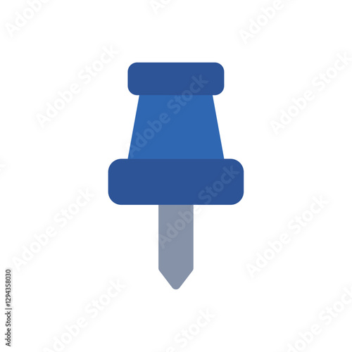 Flat vector illustration of a blue push pin icon used for attaching notes or papers on bulletin boards or cork boards