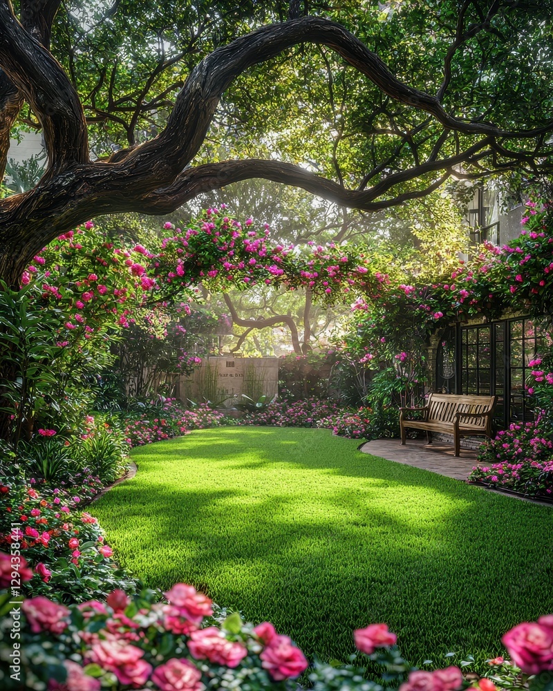 Fototapeta premium A peaceful green garden, full of vibrant plant life, with a wooden bench nestled beneath a tree, inviting moments of relaxation and reflection. 