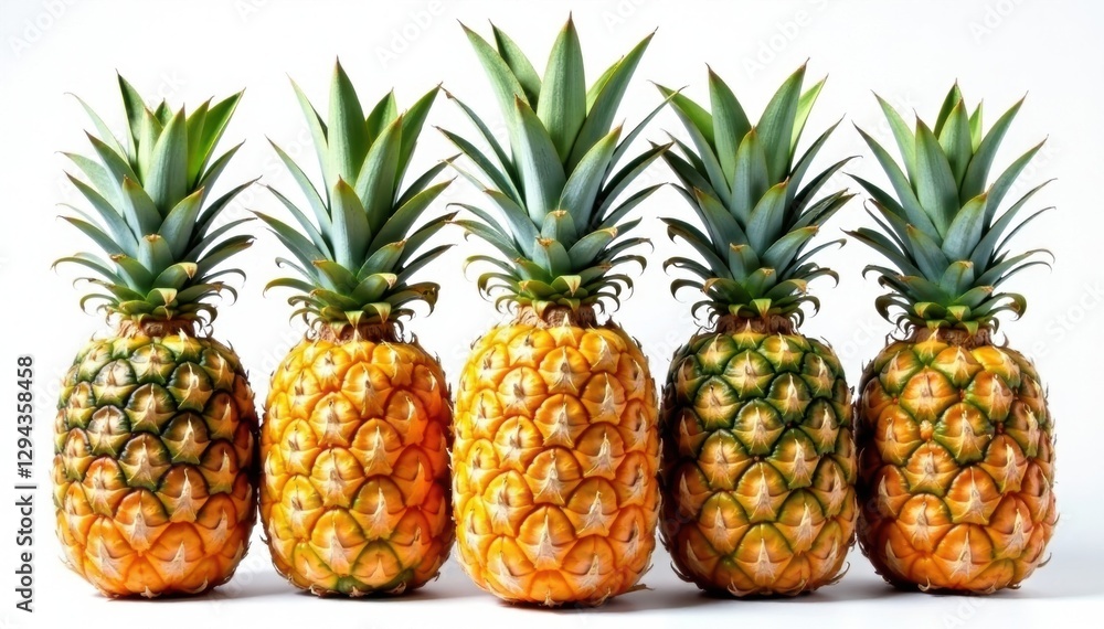 Group of whole pineapples, showing detail of skin texture, against white backdrop , pineapples, tropical fruits Group of whole pineapples, showing detail of skin texture, against white backdrop , pineapples, tropical fruits