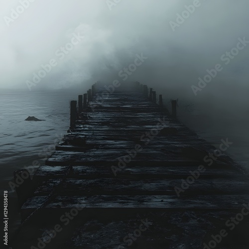 Abandoned wooden pier extending into a vast, misty sea, evoking solitude and nostalgia in monochrome tones photo