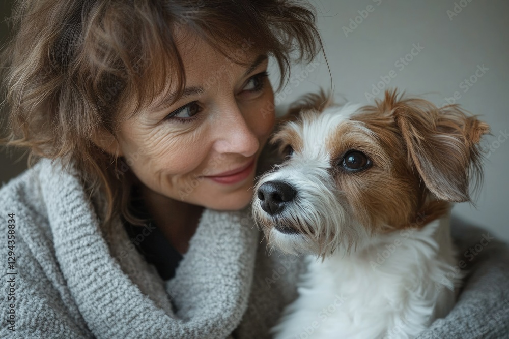 A middle-aged woman with curly brown hair lovingly embraces her small, fluffy, brown and white dog. A middle-aged woman with curly brown hair lovingly embraces her small, fluffy, brown and white dog.