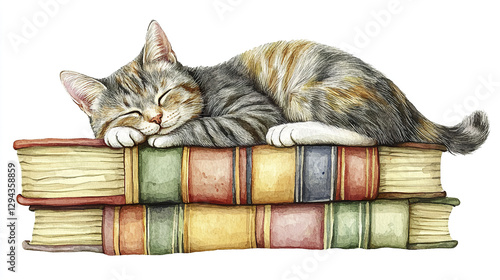 Wallpaper Mural cat peacefully sleeps on stacked books in watercolor illustration Torontodigital.ca