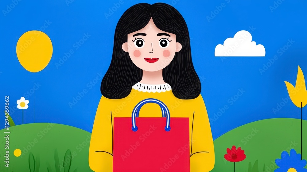 Smiling Woman with Shopping Bag in a Sunny Field Illustration Smiling Woman with Shopping Bag in a Sunny Field Illustration