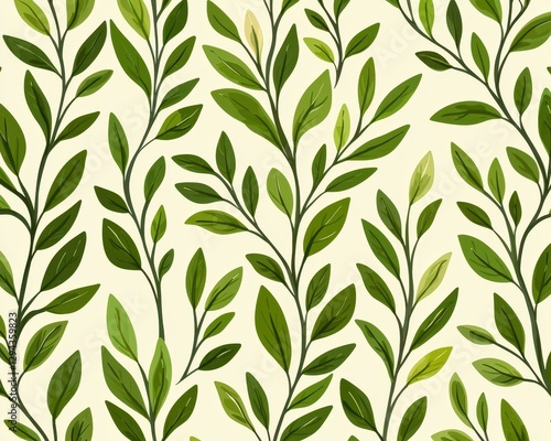 A seamless pattern of green leaves and branches, delicately arranged to create a natural and elegant backdrop for various design projects. 