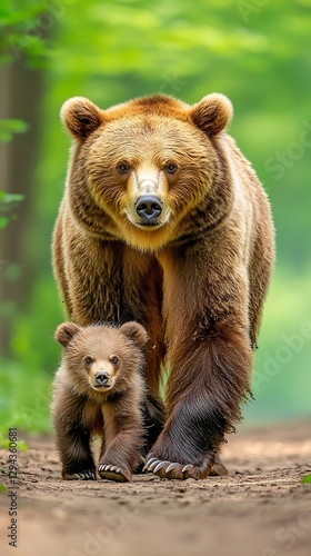 Mama Bear & Cub Stroll Forest Path
