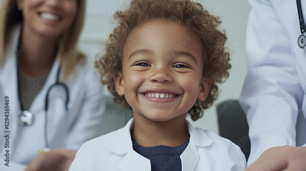 Smiling child in doctor coat with healthcare professionals, conveying joy and health awareness. scene reflects positive atmosphere in medical setting Smiling child in doctor coat with healthcare professionals, conveying joy and health awareness. scene reflects positive atmosphere in medical setting