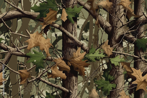 Vector hunting camouflage seamless pattern design. Camouflage background. Deer hunting, forest, jungle texture. Realistic tree seamless pattern. Digital camouflage