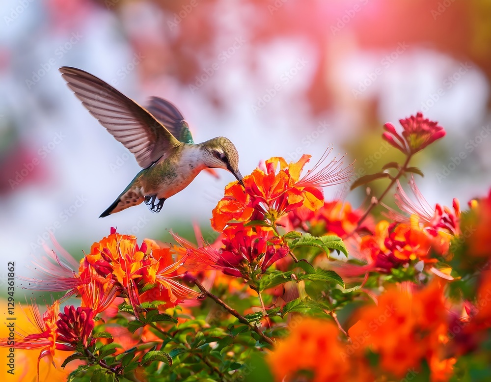 Fototapeta premium Hummingbird flying and drinking nectar from orange flower in spring