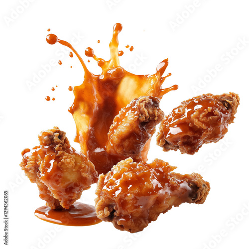 Fried chicken pieces floating in mid-air with sauce splashing, isolated on a white background.