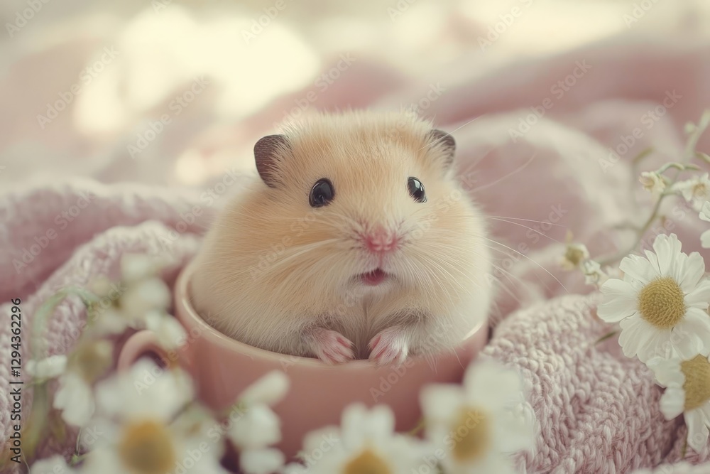 Adorable chubby hamster with a surprised face, sitting inside a teacup. Adorable chubby hamster with a surprised face, sitting inside a teacup.
