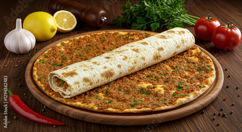 Lahmacun - Turkish Pizza wrapped on a dark background