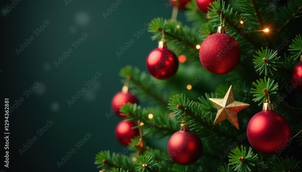 Fototapeta premium Classic Christmas tree, adorned with vibrant red baubles and golden stars , winter, red