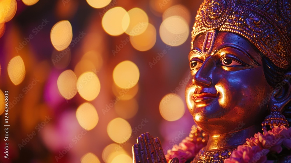 Fototapeta premium A close-up of a Hindu god statue, glowing under temple lights during worship