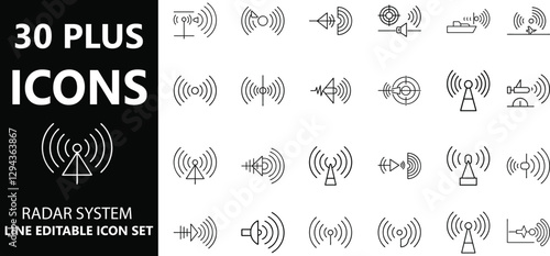Radar System Line Editable Icon Set – 30+ Minimalist Vector Symbols for Navigation, Communication, Surveillance, and Wireless Technology