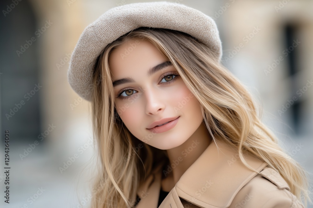 Stunning Blonde Woman in Beige Coat and Hat - Captivating Portrait Photography Stunning Blonde Woman in Beige Coat and Hat - Captivating Portrait Photography