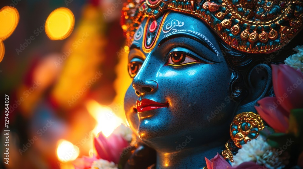 Fototapeta premium A close-up of a Hindu god statue, glowing under temple lights during worship