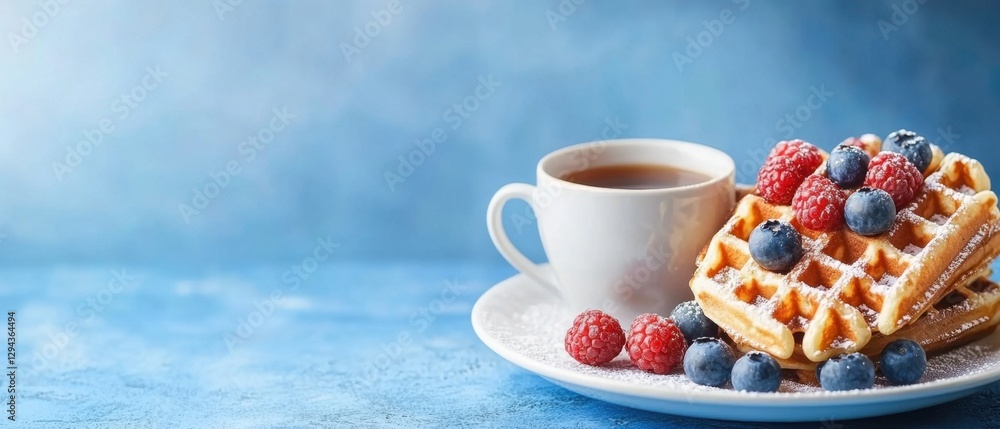 Delicious Waffles with Fresh Berries and Coffee on Blue Backdrop Capturing a Cozy Morning Breakfast Scene in a Bright and Airy Style Delicious Waffles with Fresh Berries and Coffee on Blue Backdrop Capturing a Cozy Morning Breakfast Scene in a Bright and Airy Style