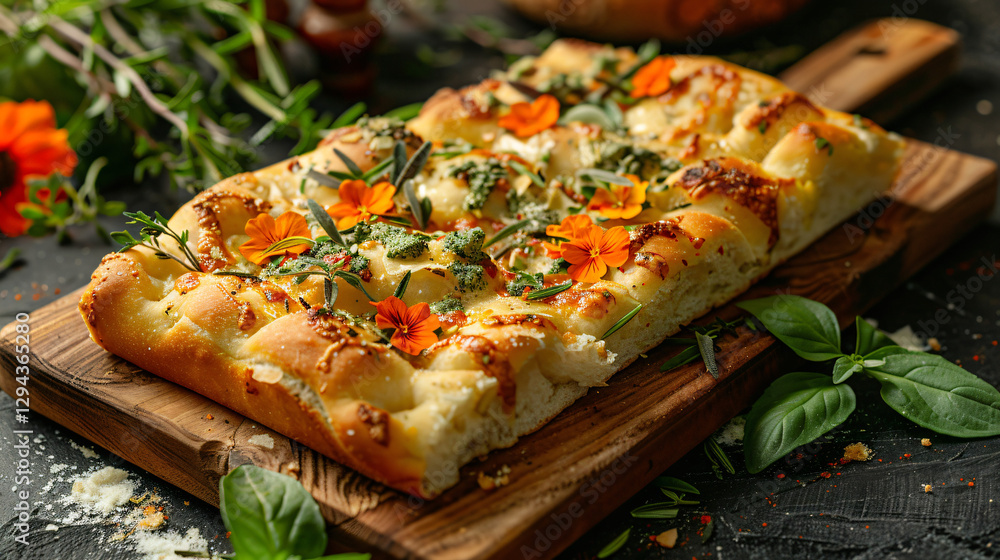 Garden Focaccia Bread Displayed on Rustic Wooden Cutting Board with Fresh Herbs and Edible Flowers Garden Focaccia Bread Displayed on Rustic Wooden Cutting Board with Fresh Herbs and Edible Flowers