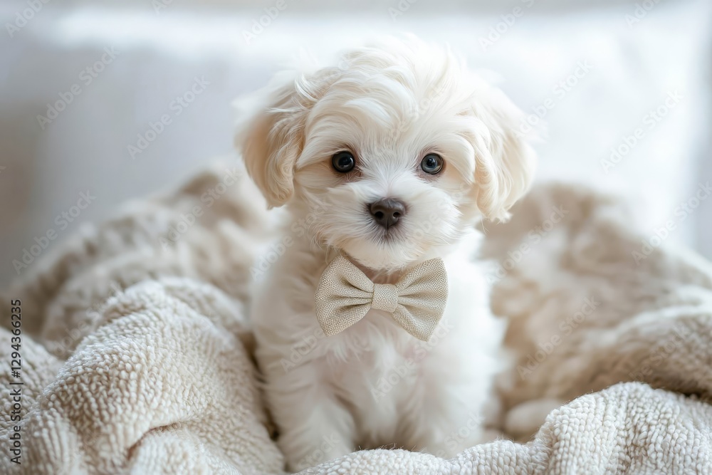 Charming puppy dog wearing a tiny bow tie, looking ready for a party. Charming puppy dog wearing a tiny bow tie, looking ready for a party.