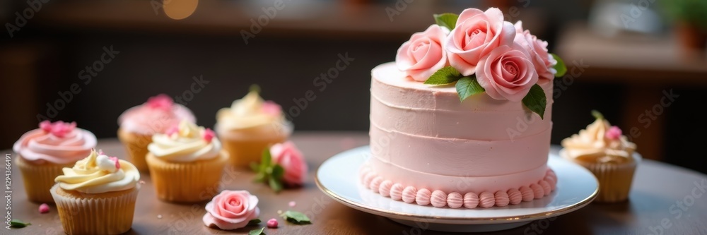 Delicate buttercream roses adorn a tiered cake, surrounded by vibrant cupcakes , sweet treats, dessert Delicate buttercream roses adorn a tiered cake, surrounded by vibrant cupcakes , sweet treats, dessert