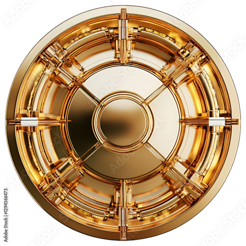 Luxurious gold vault door with intricate locking mechanisms, isolated on a transparent background.
