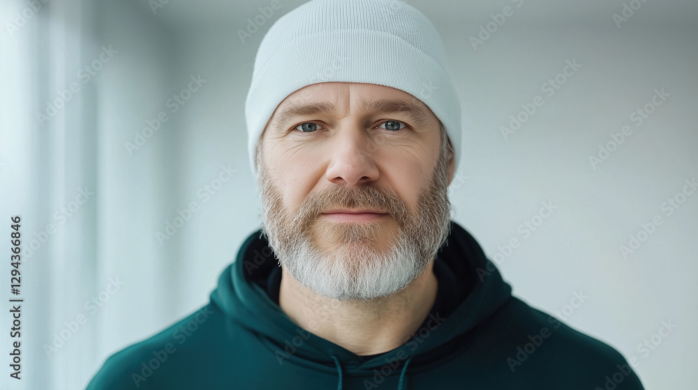 man with beard wearing white beanie and green hoodie stands confidently in bright, minimalistic space. His expression conveys determination and focus man with beard wearing white beanie and green hoodie stands confidently in bright, minimalistic space. His expression conveys determination and focus
