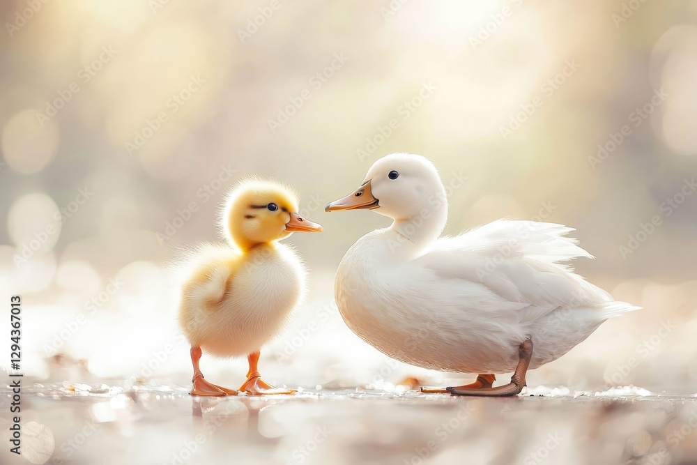 Cute baby duckling with fluffy feathers, waddling next to its mother. Cute baby duckling with fluffy feathers, waddling next to its mother.