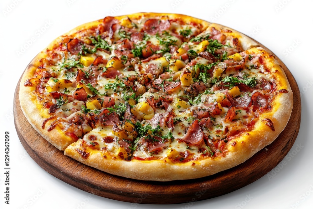 Tasty pizza with ham, pineapple and cheese is resting on wooden board on white background Tasty pizza with ham, pineapple and cheese is resting on wooden board on white background
