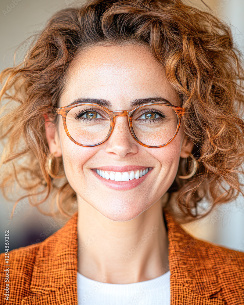 Obraz premium Smiling woman in glasses confident portrait in a bright office setting