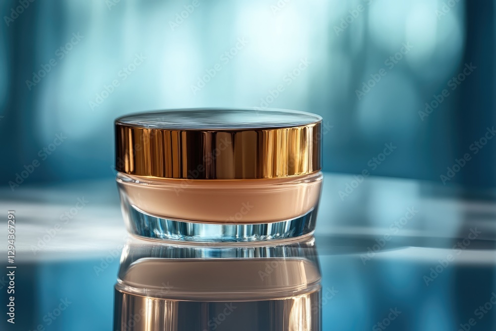 Luxury cream jar with metallic reflections, placed under soft studio lighting . commercial mockup container Luxury cream jar with metallic reflections, placed under soft studio lighting . commercial mockup container