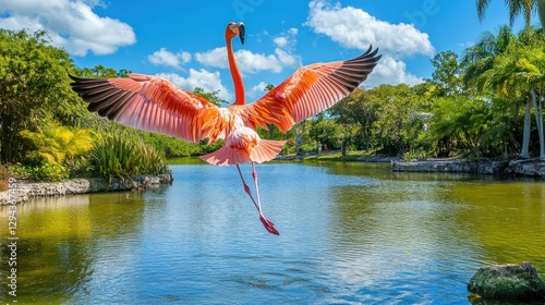 Majestic Flamingo in Flight over Serene Tropical Lagoon