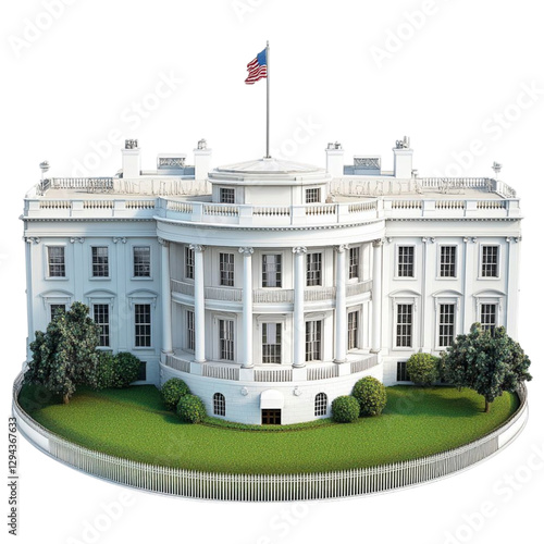 Elegant neoclassical White House architectural model with intricate details on a transparent background.

