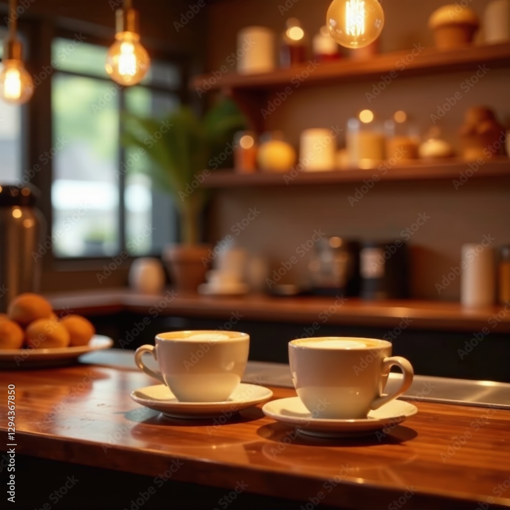 Gleaming copper bar, coffee cups, pastries displayed , coffee, tray Gleaming copper bar, coffee cups, pastries displayed , coffee, tray