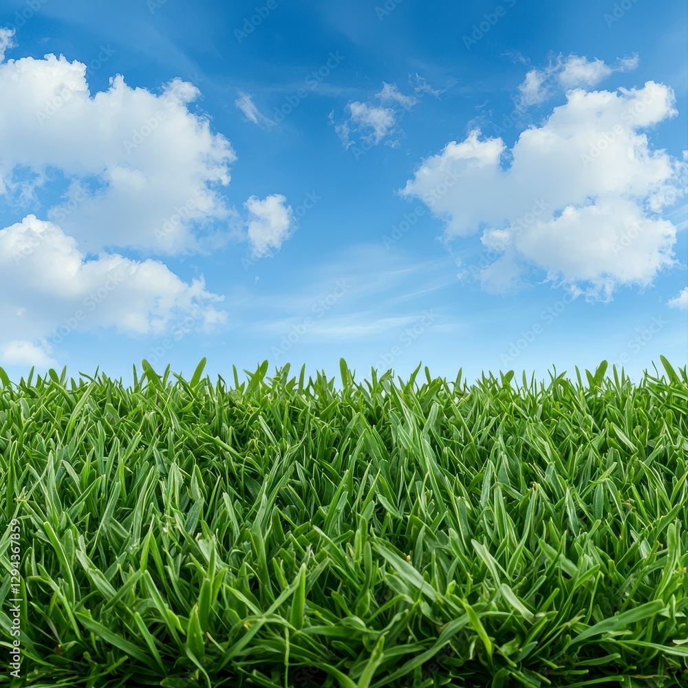 Fototapeta premium A vast field of lush green grass under a clear blue sky, highlighting natures beauty and serenity