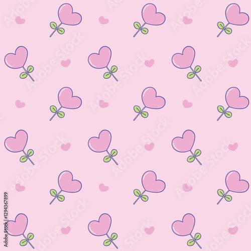 A seamless pastel pattern featuring adorable heart-shaped flowers on a pink background with small hearts, perfect for romantic and cute designs, Vector Illustration