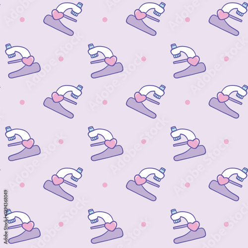 A seamless pastel pattern featuring adorable cartoon-style microscopes with heart details on a light purple background, perfect for science and educational designs, Vector Illustration