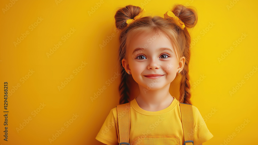 Cheerful school girl making funny expressions on bright yellow background Cheerful school girl making funny expressions on bright yellow background