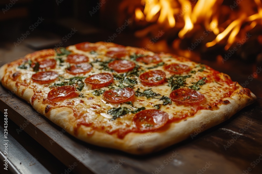 Freshly baked square pizza with pepperoni and basil emerges from a traditional wood-fired oven Freshly baked square pizza with pepperoni and basil emerges from a traditional wood-fired oven