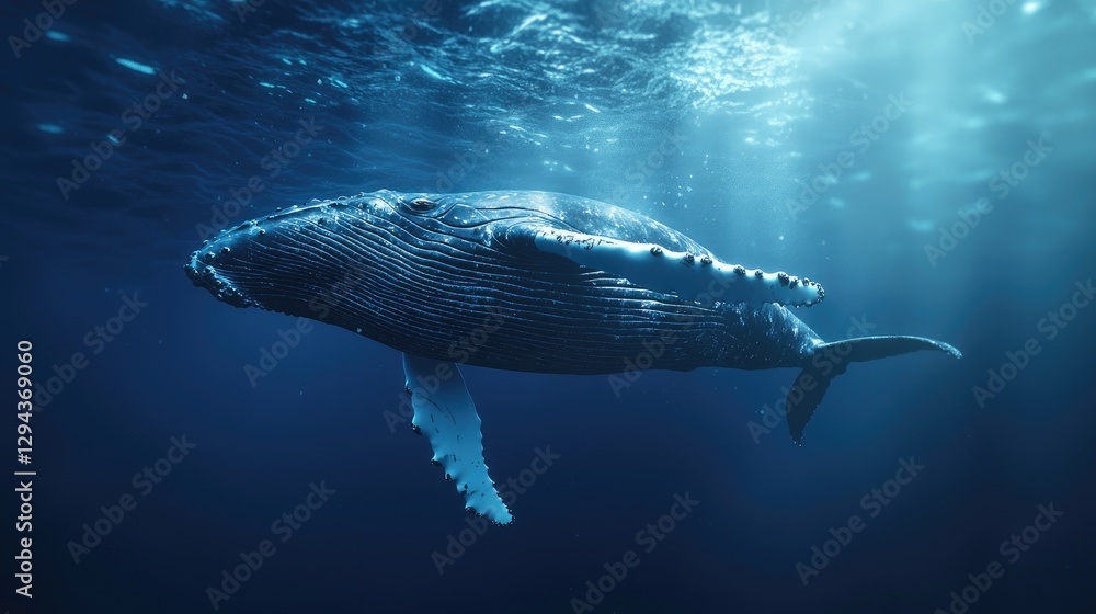 Fototapeta premium Majestic Humpback Whale Swimming in Deep Blue Ocean with Sunlight Reflection – Marine Wildlife Concept