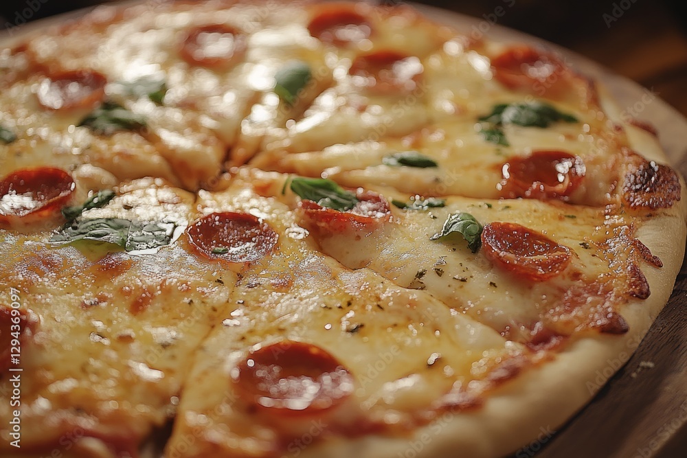 Close-up of freshly baked pepperoni pizza, featuring melted mozzarella cheese and basil leaves, served on a wooden board Close-up of freshly baked pepperoni pizza, featuring melted mozzarella cheese and basil leaves, served on a wooden board