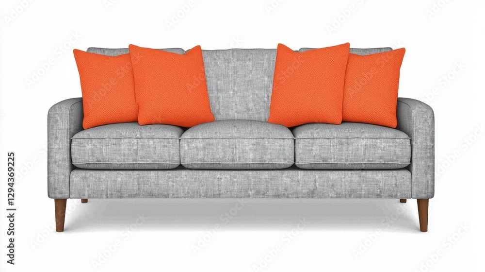 Naklejka premium Modern Gray Couch with Bright Orange Accent Cushions in Living Room