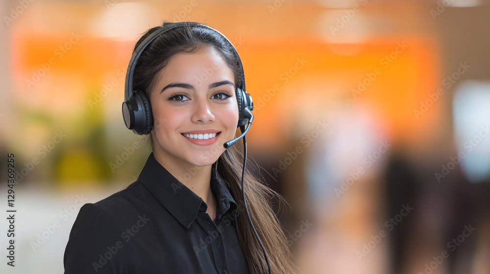 A smiling young woman wearing a headset, representing customer service or support in a professional setting. A smiling young woman wearing a headset, representing customer service or support in a professional setting.