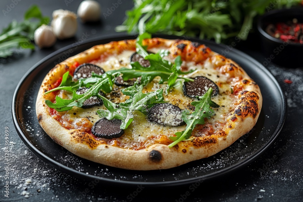 Freshly baked pizza with mozzarella, truffles, arugula and parmesan cheese served on black plate Freshly baked pizza with mozzarella, truffles, arugula and parmesan cheese served on black plate