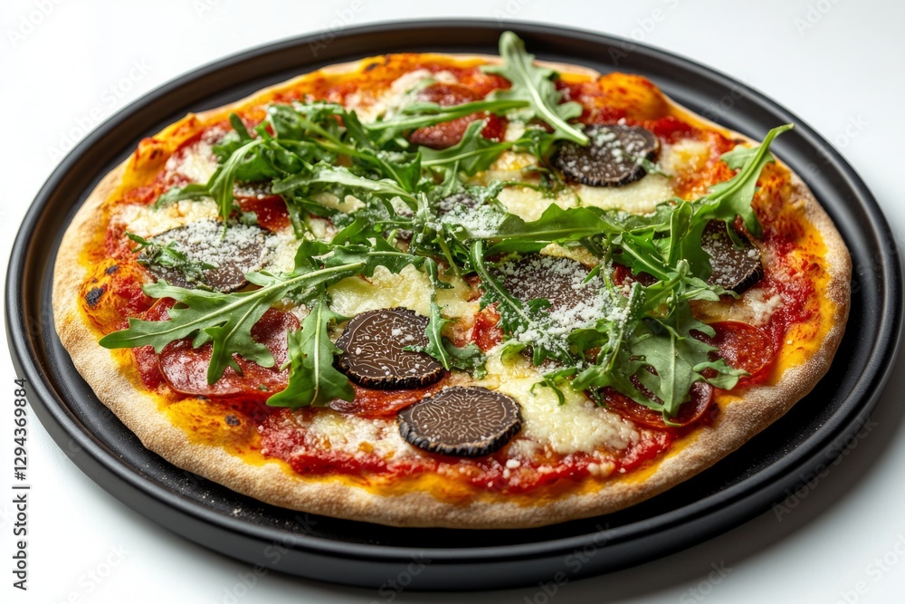Freshly baked pizza featuring truffle, pepperoni, arugula, and cheese, served on a black plate against a white background Freshly baked pizza featuring truffle, pepperoni, arugula, and cheese, served on a black plate against a white background