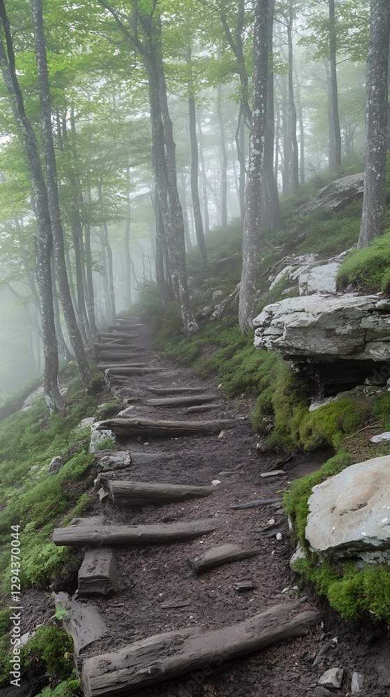 Misty forest trail, uphill climb Misty forest trail, uphill climb