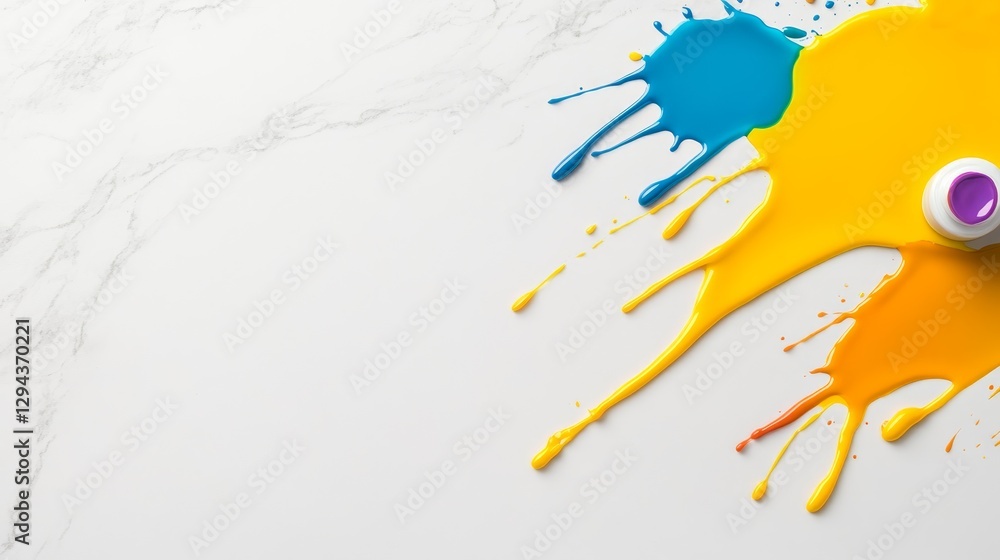 Fototapeta premium Vibrant splashes of paint in blue, yellow, and orange on a white marble surface, showcasing creativity