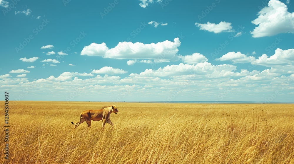 Naklejka premium The majestic presence of a lion roaming the african savanna amongst swaying golden grasses